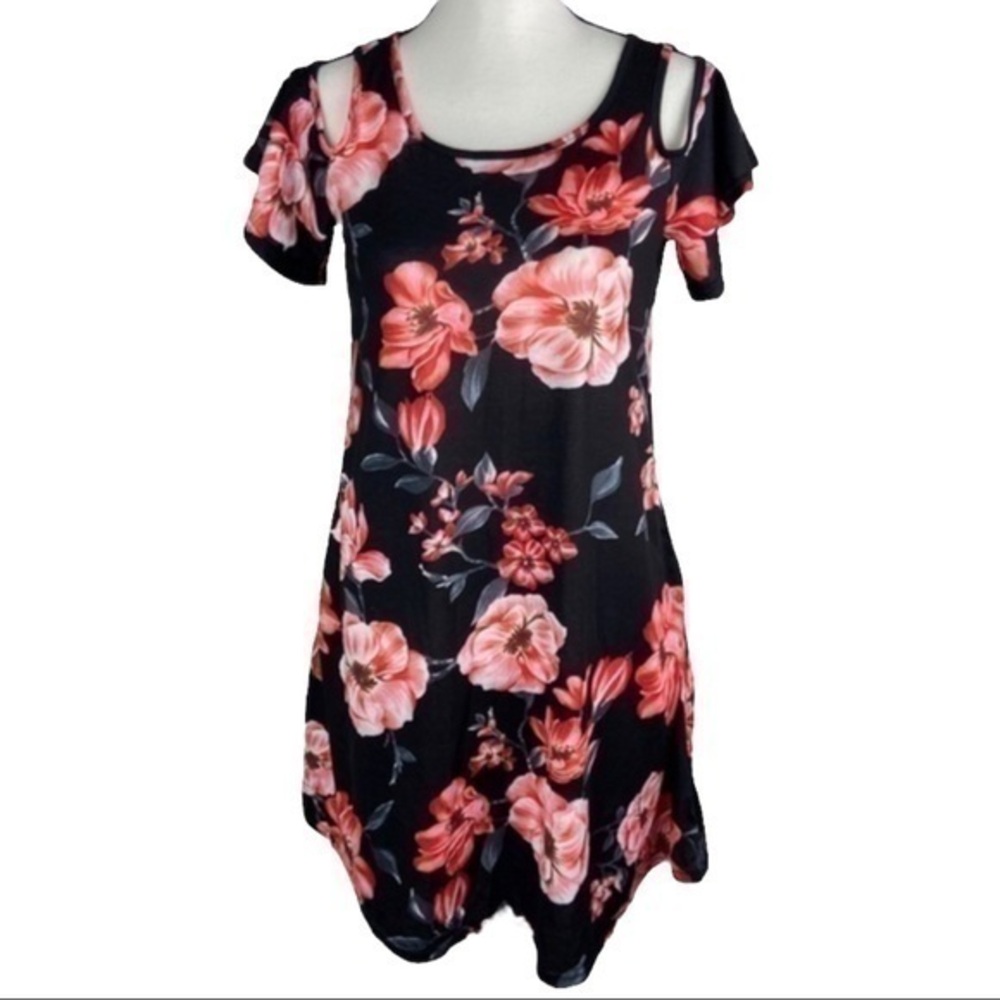 Dress Floral Print Cold Shoulder Short Sleeve Dress